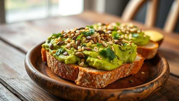 बीज और जड़ी बूटियों के साथ एवोकैडो टोस्ट