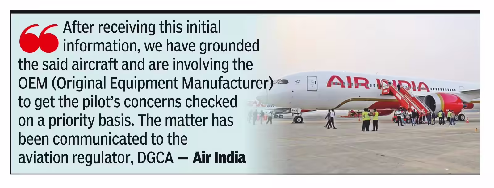 पायलट द्वारा ईंधन स्विच में खराबी की रिपोर्ट के बाद एआई ने विमान को रोक दिया