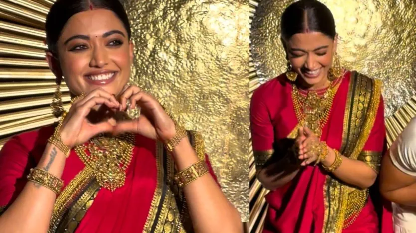 रश्मीका ने अपने वेडिंग रिसेप्शन में हैवी बॉर्डर वाली कर्नाटक की ट्रेडिशनल मिया रोले रोल्स और हैवी गोल्ड माप, मिड पार्टिंग स्लीक चॉथ, सिन्दूर और बिंदी के साथ अपना लुक कंप्लीट किया। गर्लफ्रेंड एक्ट्रेस का ये लुक बेहद आकर्षक लग रही हैं।