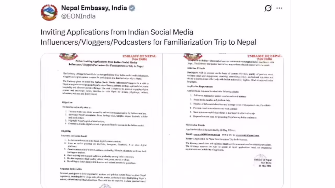 नेपाल दूतावास भारतीय सामग्री निर्माताओं को मुफ्त यात्रा की पेशकश करता है